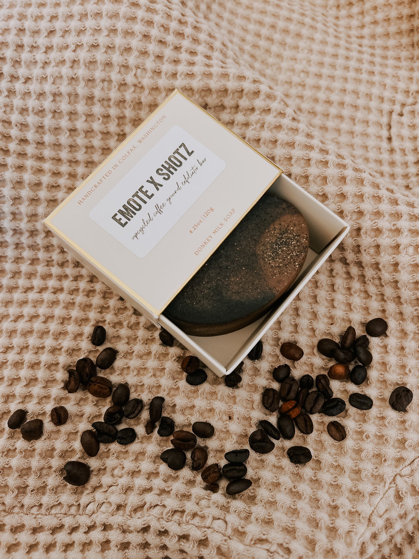SHOTZ upcycled coffee ground donkey milk bar soap